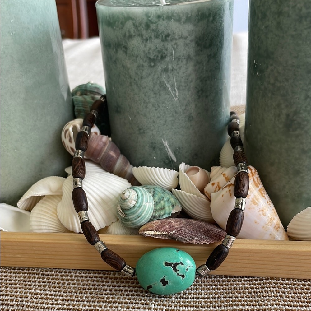 Vintage turquoise, silver and wood bead necklace. Very nice and unique. Jjill